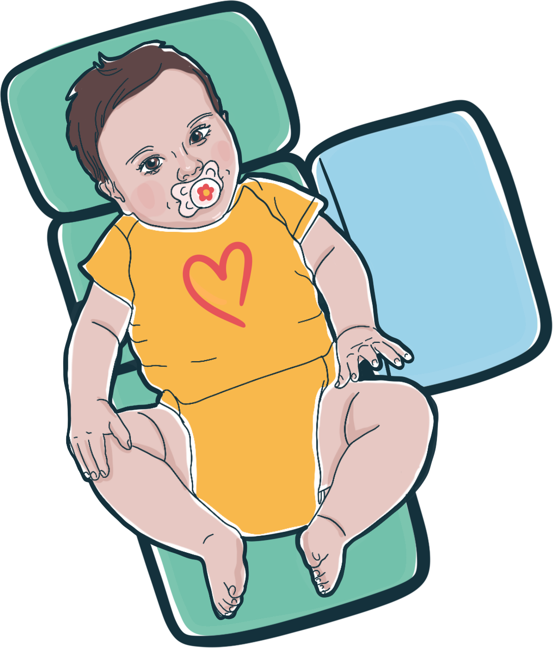 A hand-drawn baby in a yellow heart bodysuit lying on NAIMA's open changing mat, with the blue side pad beside it